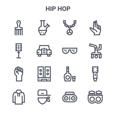 16 hip hop konsept vektör çizgisi simgesi. 64x64 İnce vuruş simgeleri bong, mikrofon, hip hop, viski, rap, halkalar, radyo, güneş gözlüğü, el