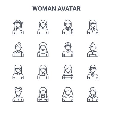 16 kadın avatar konsept vektör çizgisi simgesi. 64x64 kadın, kadın gibi ince vuruş simgeleri,