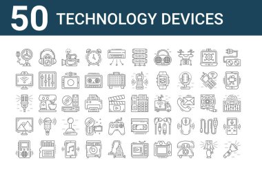50 adet teknoloji aygıtı simgesi. Meşale, müzik çalar, monitör, mikrofon, wifi, woofer, fax gibi ince çizgi simgeleri