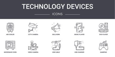 Teknoloji cihazları konsept çizgi simgeleri ayarlandı. Web, logo, ui / ux, CCCTV kamera, müzik çalar, mikrodalga fırın, usb kablo, usb şarj aleti, gamepad, dvd çalar, megafon çalar gibi simgeler içerir