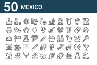 50 Meksika ikonu seti. Sigara, avokado, marimbol, taco, kurukafa, tekila, molcajete gibi ince çizgi simgeleri.