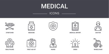 Tıbbi konsept çizgisi simgeleri ayarlandı. İnternet, logo, ilaç, sağlık raporu, sağlık hizmetleri, hemşire, siren, tekerlekli sandalye, doktor gibi simgeler içerir,