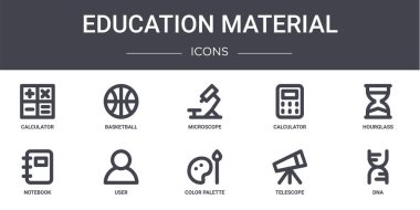Eğitim materyali konsept çizgisi simgeleri. Web, logo, ui / ux, basketbol, hesap makinesi, defter, renk paleti, teleskop, DNA, kum saati, mikroskop gibi simgeler içerir