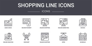 shopping line icons concept line icons set. contains icons usable for web, logo, ui/ux such as secure payment, online marketing, online donation, online shopping, open, schedule, invoice, shopping clipart
