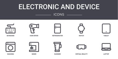 Elektronik ve aygıt konsept çizgisi simgeleri ayarlandı. Web, logo, ui / ux, saç kurutma makinesi, saat, çamaşır, blender, sanal gerçeklik gözlüğü, laptop, tablet, buzdolabı gibi simgeler içerir