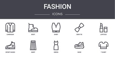Moda konsepti simgeleri ayarlandı. Web, logo, ui / ux, bot, papyon, spor ayakkabısı, elbise, ayakkabı, t-shirt, ruj, gömlek gibi simgeler içerir