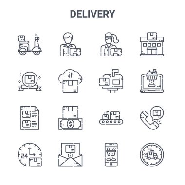 16 dağıtım konsept vektör çizgisi simgesi seti. 64x64 Teslimatçı, garanti, alışveriş arabası, taşıyıcı, e-posta, hız, akıllı telefon, posta kutusu, servis merkezi gibi ince vuruş simgeleri