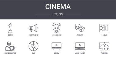 Sinema konsept çizgisi simgeleri. Web, logo, ui / ux, megafon, tiyatro, film yönetmeni, TV, video oynatıcı, tiyatro, d filmi, mikrofon gibi simgeler içerir