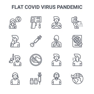 16 adet düz covid virüs salgını konsept vektör çizgisi ikonu. 64x64 Termometre, hapşırık, pasaport, insan, aşı, seyahat, yaşlı, akciğer, dezenfektan gibi ince vuruş simgeleri