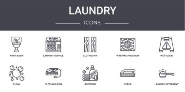 Çamaşır konsepti simgeleri ayarlandı. ağ, logo, çamaşır servisi, çamaşır programı, temizlik, yumuşatıcı, temizlik deterjanı, çamaşır deterjanı, ıslak zemin, çamaşır tokası gibi simgeler içerir