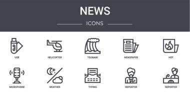 Haber konsepti simgeleri ayarlandı. Web, logo, ui / ux, helikopter, gazete, mikrofon, daktilo, muhabir, muhabir, sıcak, tsunami gibi simgeler içerir