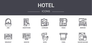 Otel konsept çizgisi simgeleri ayarlandı. Ağ, logo, ui / ux, akıllı telefon, buzdolabı, kahvaltı, kurutucu, havlu, çamaşır makinesi, yatak odası, pano gibi simgeler içerir