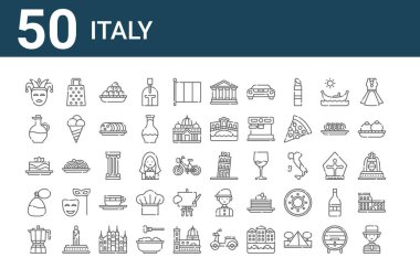 50 italyan simgesi. Gondolcu, kahve demliği, parfüm, lazanya, zeytinyağı, peynir rendesi, Roma, sütun, adam gibi ince çizgi simgeleri.