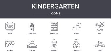 Anaokulu konsepti simgeleri ayarlandı. Web, logo, kalem kutusu, blok, çizim, öğrenci, öğretmen, masa, uçurtma, abaküs oyuncağı gibi simgeler içerir