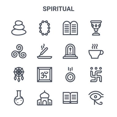 16 ruhani konsept vektör çizgisi simgesi. 64x64, boncuklar, üçlü sıkıştırma, aşılama, bağış, cami, Ra 'nın gözü, mezar, kutsal kadeh gibi ikonlar.
