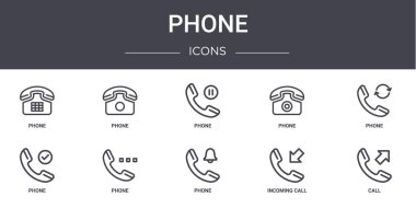 Telefon konsepti simgeleri ayarlandı. Web, logo, ui / ux, telefon, gelen arama, arama gibi simgeler içerir,