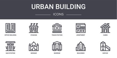 Kentsel yapı konsept çizgisi simgeleri ayarlandı. Ağ, logo, stadyum, apartman, benzin istasyonu, müze, binalar, dubleks, kamara, tren istasyonu gibi simgeler içerir.