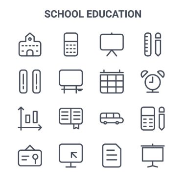 16 okul eğitimi konsepti vektör çizgisi simgesi. 64x64 hesap makinesi, klasörler, alarm saati, okul servisi, bilgisayar, tuval, belge, takvim gibi ince vuruş simgeleri