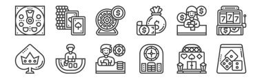 12 set doğrusal kumarhane ikonu. Zar, rulet, bakara, kumarbaz, çark, internet için poker kartları, cep telefonu gibi ince taslak simgeler