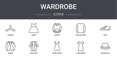 Gardırop konsept çizgisi simgeleri ayarlandı. Web, logo, elbise, uzun kollu, smokin, kısa elbise, uzun elbise, fötr şapka, ayakkabı, kapüşon gibi simgeler içerir