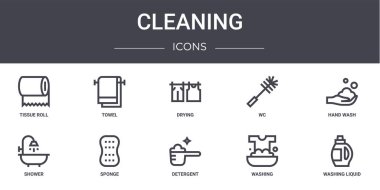 Temizlik konsepti simgeleri ayarlandı. ağ, logo, havlu, wc, duş, deterjan, çamaşır, çamaşır suyu, el yıkama, kurutma gibi simgeler içerir