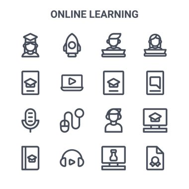 16 çevrimiçi öğrenme konsepti vektör çizgisi simgesi kümesi. 64x64 Roket, akıllı telefon, sohbet, dinleme, kulaklık, rapor, kimya, tablet, öğrenci