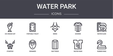 Su parkı konsept çizgisi simgeleri ayarlandı. Web, logo, taşınabilir tuvalet, duş, denizyıldızı, döşek, su parkı, lastik halka, su kaydırağı, bikini gibi simgeler içerir