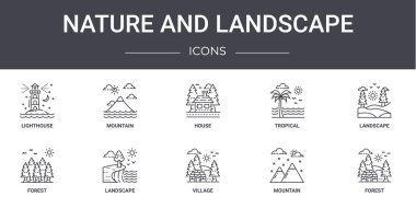 Doğa ve peyzaj konsept çizgisi simgeleri. ağ, logo, ui / ux, dağ, tropik orman, köy, dağ, orman, manzara, ev gibi simgeler içerir