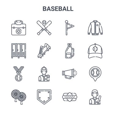 16 beysbol konsept vektör çizgisi simgesi. 64x64 beysbol, soyunma odası, beyzbol şapkası, megafon, temel, vurucu, sosisli sandviç, çanta, ceket gibi ince vuruş simgeleri