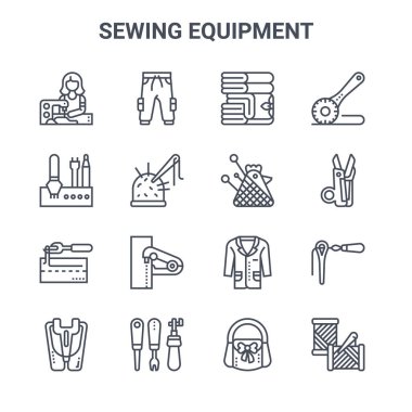 16 dikiş ekipmanı konsept vektör çizgisi simgesi seti. 64x64 İnce vuruş simgeleri: Pantolon, çelik, dikiş makası, giysi, zanaat, iğne, torba, iğnelik, ölçüm