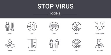 Virüs konsept çizgisi simgelerini durdur. Web, logo, ui / ux, çıkış, burun, el, eski, dudaklar, doktor, akan burun, otobüs gibi simgeler içerir