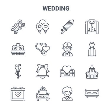 16 tane düğün konsepti vektör çizgisi simgesi. 64x64 balonlar, çiçekler, konum, düğün arabası, çift kişilik yatak, sağdıç, rahip, takım elbise gibi ince vuruş simgeleri