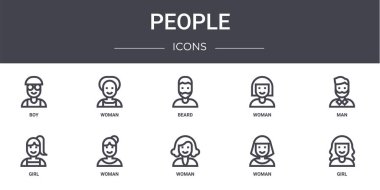 İnsanlar konsept çizgisi simgeleri. Web, logo, ui / ux, kadın, kız, kadın, kız, erkek, sakal gibi simgeler içerir