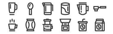 12 tane doğrusal kahve ikonu. Kahve, öğütücü, kahve poşeti, süt tenceresi, çaydanlık, ağ kaşığı, mobil gibi ince taslak simgeler
