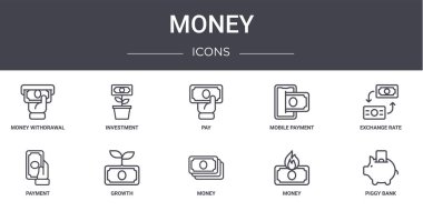 Para konsepti simgeleri ayarlandı. Web, logo, ui / ux, yatırım, mobil ödeme, ödeme, para, para, domuz bankası, döviz kuru, ödeme gibi simgeler içerir