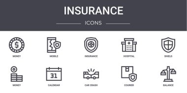 Sigorta konsepti simgeleri ayarlandı. Web, logo, ui / ux gibi mobil, hastane, para, araba kazası, kurye, denge, kalkan, sigorta gibi simgeler içerir