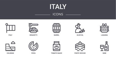İtalya konsept çizgisi simgeleri ayarlandı. Ağ, logo, spagetti, zeytinyağı, kolezyum, domates sosu, ponte vecchio, şarap, lazanya, fıçı gibi ikonlar için kullanılabilir.