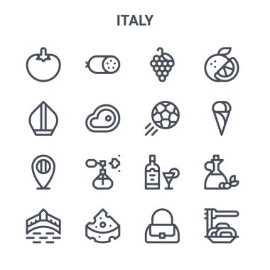16 İtalya konsept vektör çizgisi simgesi kümesi. 64x64 İnce vuruş simgeleri pepperoni, papa, dondurma, limonçello, peynir, spagetti, el çantası, futbol, portakal gibi