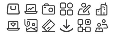 12 adet doğrusal Myicon 1 simgesi. Grup, indirme, resim, düzenleme, kamera, web için istatistik, mobil gibi ince taslak simgeleri