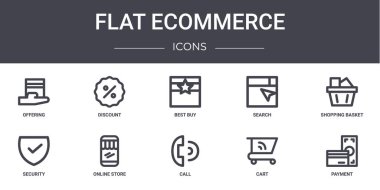 Düz ekommerce konsept çizgi simgeleri ayarlandı. İndirim, arama, güvenlik, çağrı, el arabası, ödeme, alışveriş sepeti gibi internet, logo, ui / ux gibi simgeler içerir