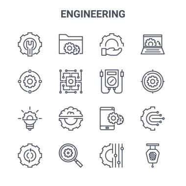16 mühendislik konsepti vektör çizgisi simgesi. Dosya yönetimi, bağlantı, hedef, ayarlar, arama, vinç, ayar, izleme, mühendislik gibi 64x64 ince vuruş simgeleri