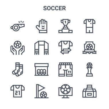 16 futbol konsept vektör çizgisi simgesi. 64x64 kaleci, futbol topu, amblem, futbol, spor çantası, oyuncu, futbol gibi ince vuruş simgeleri