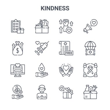 16 şefkat konsepti vektör çizgisi simgesi. 64x64 tıbbi, bağış toplama, insani yardım, nezaket, dua, gıda bağışı, hediye, hayır, megafon gibi ince vuruş simgeleri