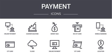 Ödeme konsepti simgeleri ayarlandı. Web, logo, ui / ux, kasiyer makinesi gibi simgeler içerir, cit kart yok, kit kart, online ödeme, cit kart, konum, mobil bankacılık, para çantası