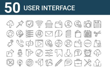 50 kullanıcı arayüzü simgesi. gönderme, koruma, paylaşma, dokunmatik ekran, favori, işaretleyici gibi ince çizgi simgelerini ekle