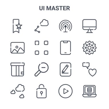 16 ui ana konsept vektör çizgi simgelerinden oluşan bir set. 64x64 İnce vuruş simgeleri Paylaşım, resim, dişli, düzenleme, kilidi aç, liste, oynat, cep telefonu, monitör