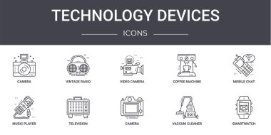 Teknoloji cihazları konsept çizgi simgeleri ayarlandı. Web, logo, ui / ux, vintage radyo, kahve makinesi, müzik çalar, kamera, aşı temizleyici, smartwatch, mobil sohbet, video sohbet gibi simgeler içerir