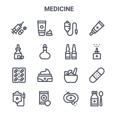 set of 16 medicine concept vector line icons. 64x64 thin stroke icons such as cream, tincture, nasal spray, ayurvedic, throat, syrup, soap, ampoule, ointment clipart