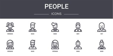 İnsanlar konsept çizgisi simgeleri. Web, logo, ui / ux, erkek, çocuk, kadın, kadın, erkek, şişman gibi simgeler içerir,