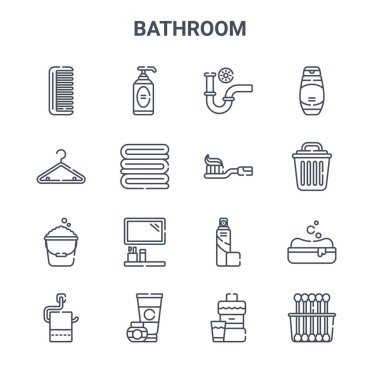 16 banyo konsepti vektör çizgisi simgesi. 64x64 sıvı sabun, askı, çöp kutusu, sprey, krem, pamuk çubuğu, ağız gargarası, diş fırçası, şampuan gibi ince vuruş simgeleri